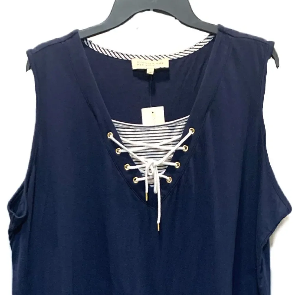 NWT Jones New York sport knit navy sleeveless tie laced V-neck dress sz 3x - Picture 3 of 13